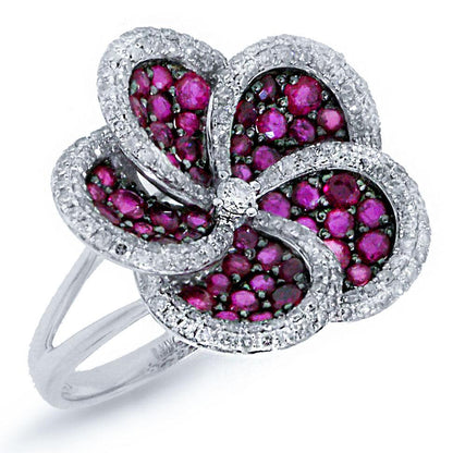 Diamond & 1.78ct Ruby 14k White Gold Flower Ring - 0.75ct