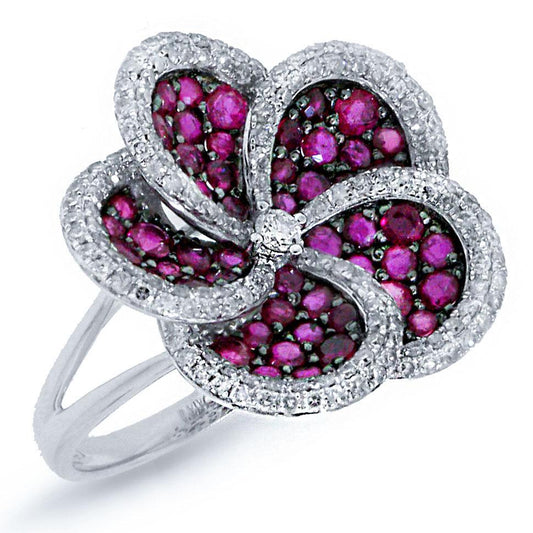Diamond & 1.78ct Ruby 14k White Gold Flower Ring - 0.75ct