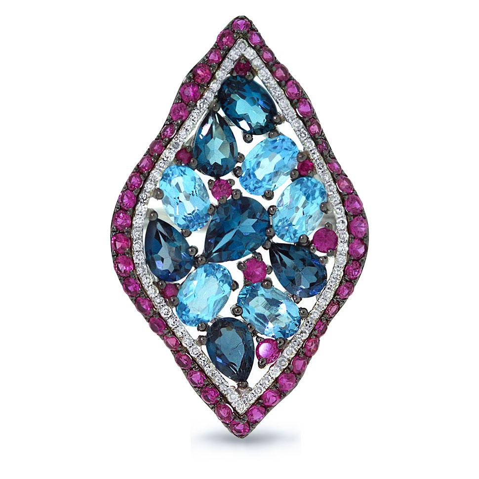 Diamond & 7.71ct Blue & London Blue Topaz & Pink Sapphire 14k White Gold Ring - 0.30ct