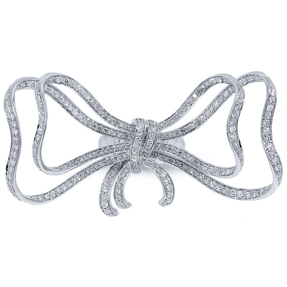 14k White Gold Diamond Ribbon Bow Ring - 3.15ct