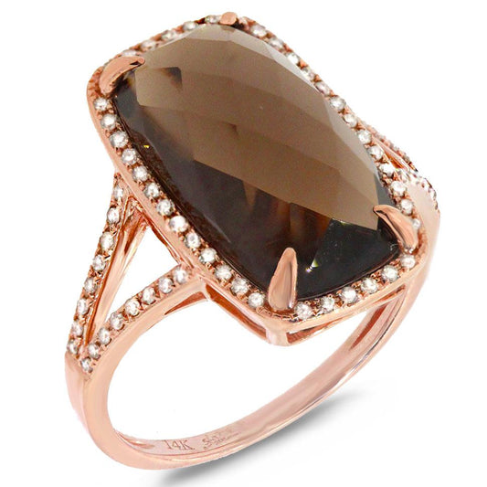 Diamond & 6.23ct Smokey Topaz 14k Rose Gold Ring - 0.23ct