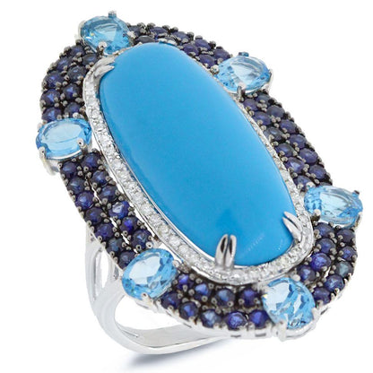 Diamond & 15.73ct Composite Turquoise, Blue Sapphire & Blue Topaz 14k White Gold Ring - 0.32ct