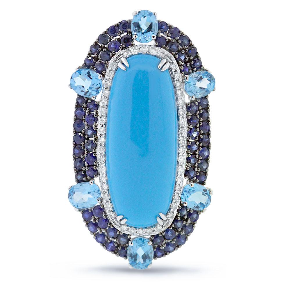 Diamond & 15.73ct Composite Turquoise, Blue Sapphire & Blue Topaz 14k White Gold Ring - 0.32ct