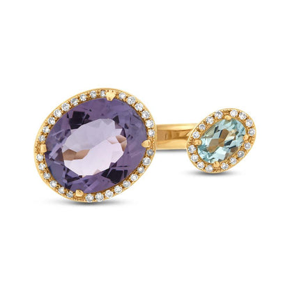 Diamond & 4.75ct Amethyst & Sky Blue Topaz 14k Yellow Gold Ring - 0.17ct
