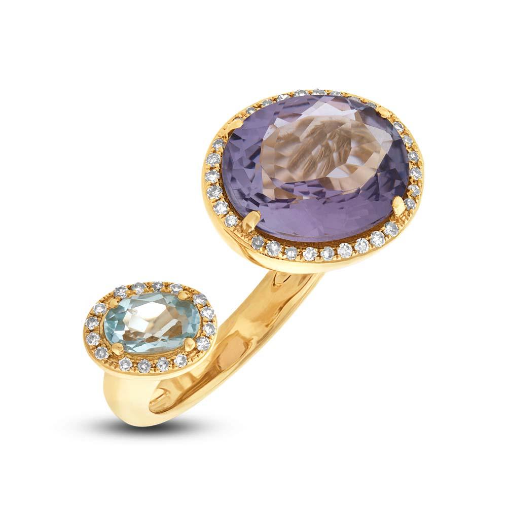 Diamond & 4.75ct Amethyst & Sky Blue Topaz 14k Yellow Gold Ring - 0.17ct