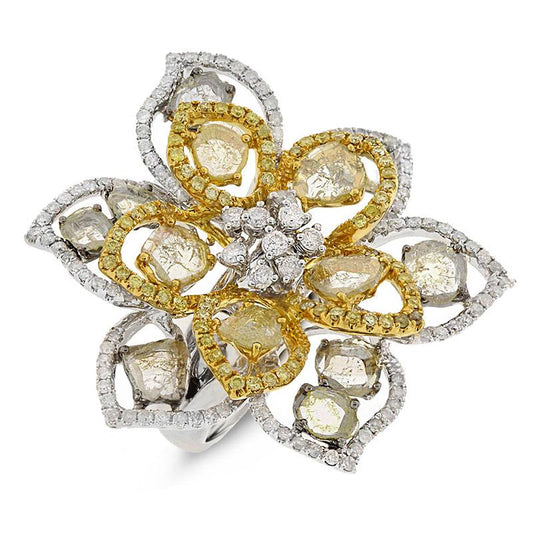 18k Two-Tone Gold Fancy Color Diamond Flower Ring - 3.83ct
