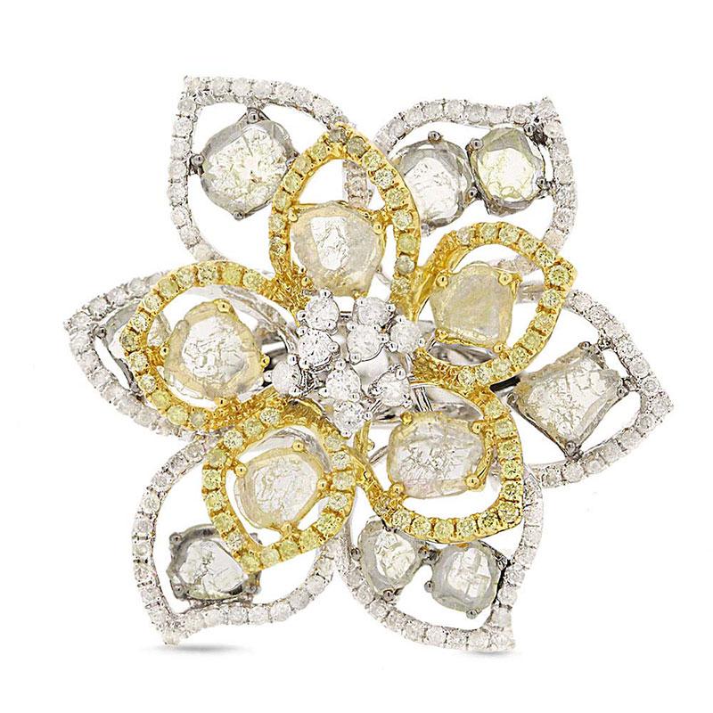 18k Two-Tone Gold Fancy Color Diamond Flower Ring - 3.83ct