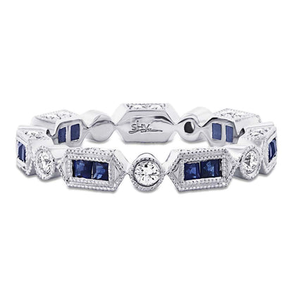 Diamond & 0.47ct Blue Sapphire 14k White Gold Diamond Eternity Band Size 4.5 - 0.33ct