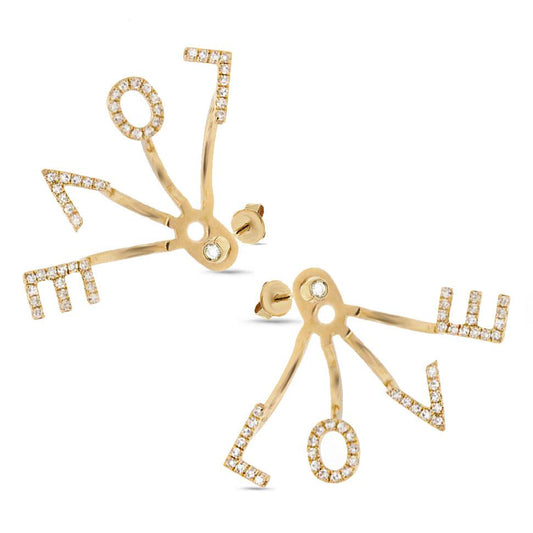 14k Yellow Gold Diamond ''Love'' Ear Jacket Earring with Studs