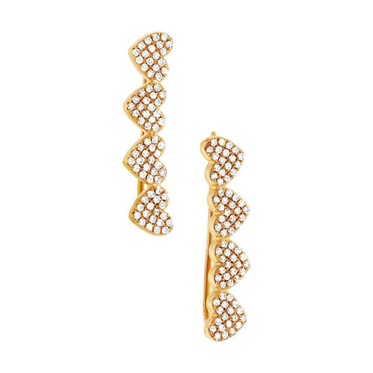 14k Yellow Gold Diamond Pave Hearts Ear Crawler Earring