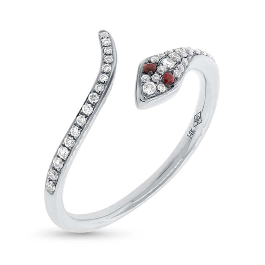 Diamond & 0.03ct Ruby 14k White Gold Snake Ring Size 3