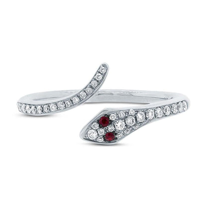 Diamond & 0.03ct Ruby 14k White Gold Snake Ring Size 3