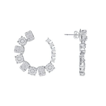 18k White Gold Classy Baguettes and Round Diamond Earrings