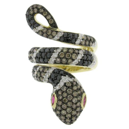 14k Yellow Gold White, Black & Champagne Diamond Snake Ring - 2.70ct