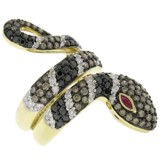 14k Yellow Gold White, Black & Champagne Diamond Snake Ring - 2.70ct