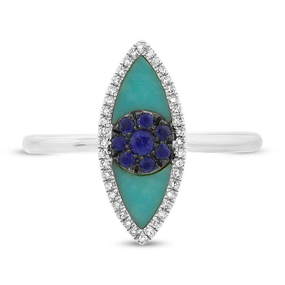Diamond & 0.62ct Blue Sapphire & Composite Turquoise 14k White Gold Eye Ring