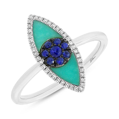 Diamond & 0.62ct Blue Sapphire & Composite Turquoise 14k White Gold Eye Ring