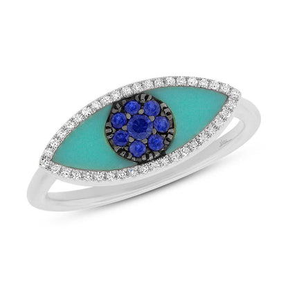 Diamond & 0.62ct Blue Sapphire & Composite Turquoise 14k White Gold Eye Ring