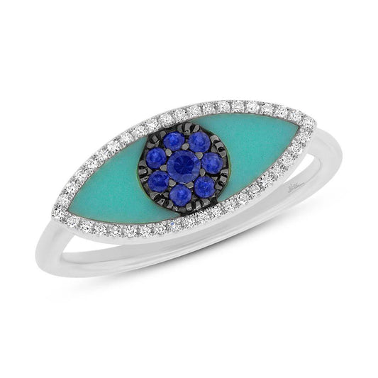 Diamond & 0.62ct Blue Sapphire & Composite Turquoise 14k White Gold Eye Ring