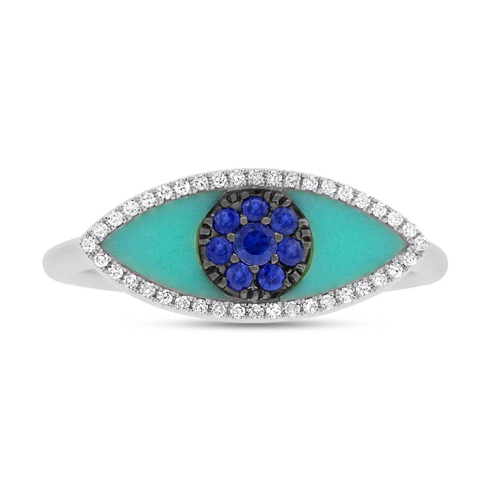 Diamond & 0.62ct Blue Sapphire & Composite Turquoise 14k White Gold Eye Ring