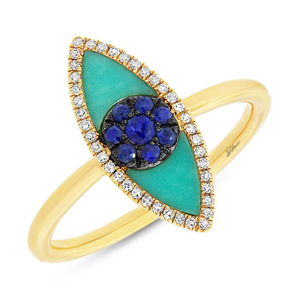 Diamond & 0.62ct Blue Sapphire & Composite Turquoise 14k Yellow Gold Eye Ring