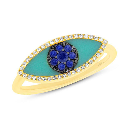 Diamond & 0.62ct Blue Sapphire & Composite Turquoise 14k Yellow Gold Eye Ring