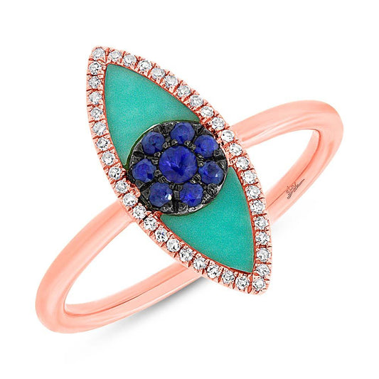 Diamond & 0.62ct Blue Sapphire & Composite Turquoise 14k Rose Gold Eye Ring