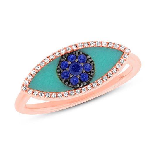 Diamond & 0.62ct Blue Sapphire & Composite Turquoise 14k Rose Gold Eye Ring
