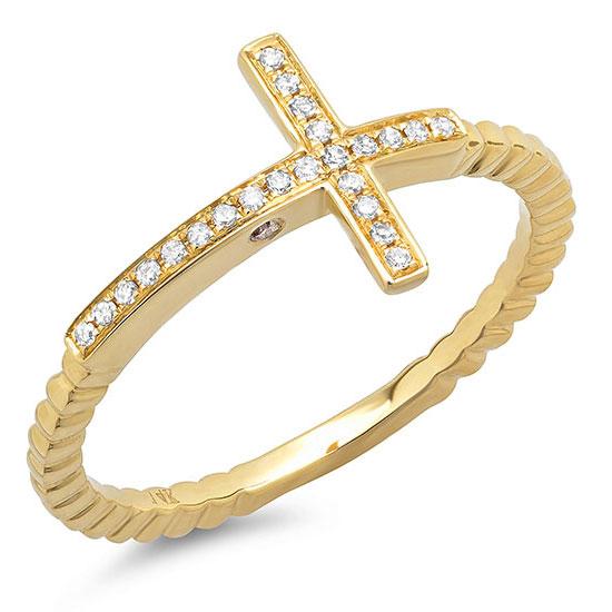 14k Yellow Gold Diamond Cross Ring - 0.08ct