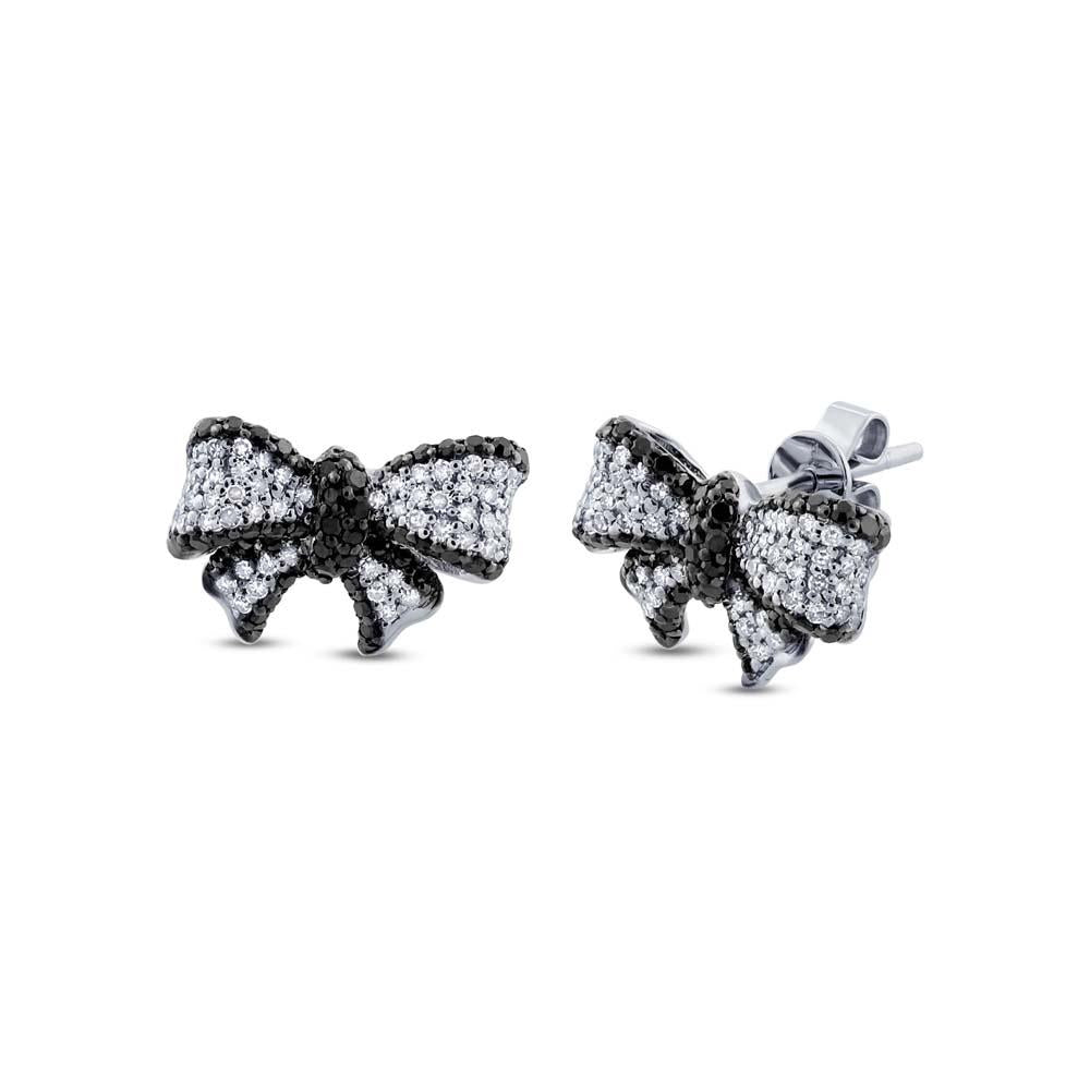 14k White Gold Black & White Diamond Ribbon Bow Earring - 0.90ct