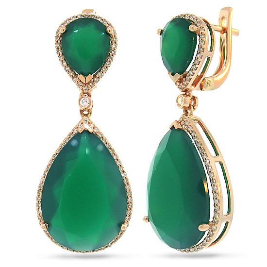 Diamond & 25.66ct Green Agate 14k Rose Gold Earring - 0.55ct