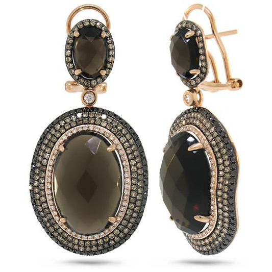 White, Champagne & Black Diamond & 21.55ct Smokey Topaz 14k Rose Gold Earring - 2.28ct