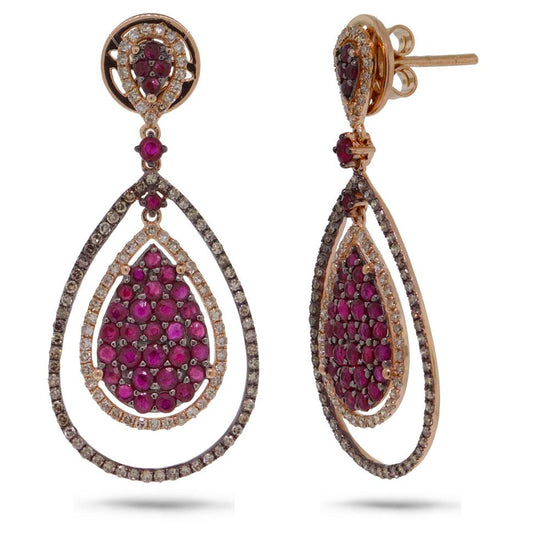 White & Champagne Diamond & 1.97ct Ruby 14k Rose Gold Earring - 0.95ct