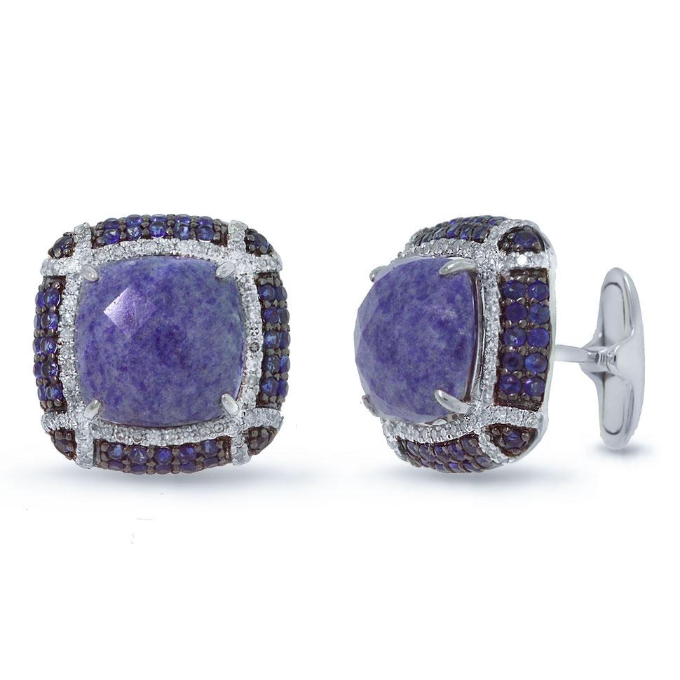Diamond & 14.90ct Blue Sapphire & Blue Aventurine 14k White Gold Cuff Links - 0.65ct