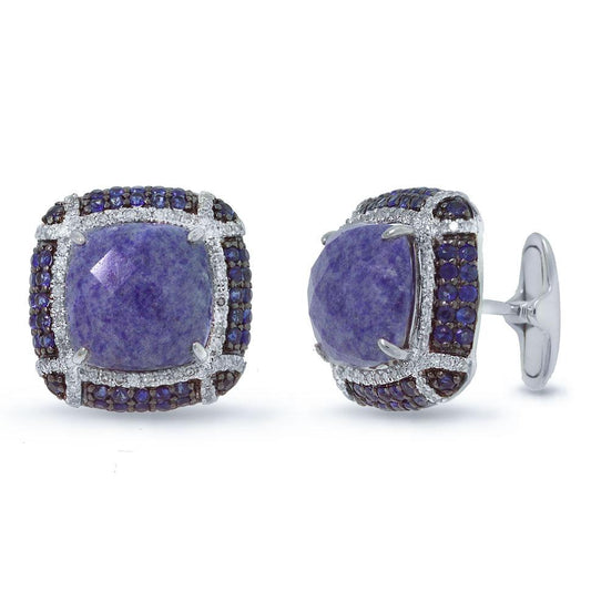 Diamond & 14.90ct Blue Sapphire & Blue Aventurine 14k White Gold Cuff Links - 0.65ct