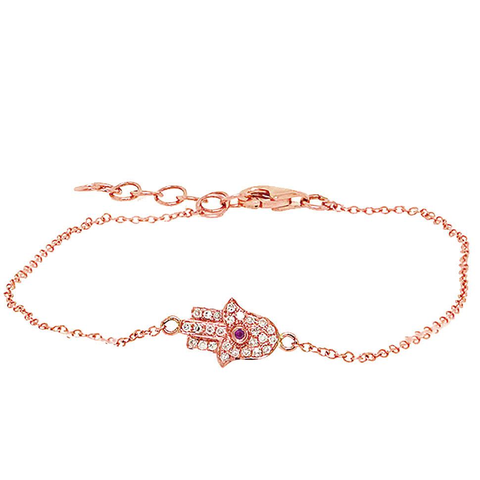 Diamond & 0.01ct Ruby 14k Rose Gold Hamsa Bracelet