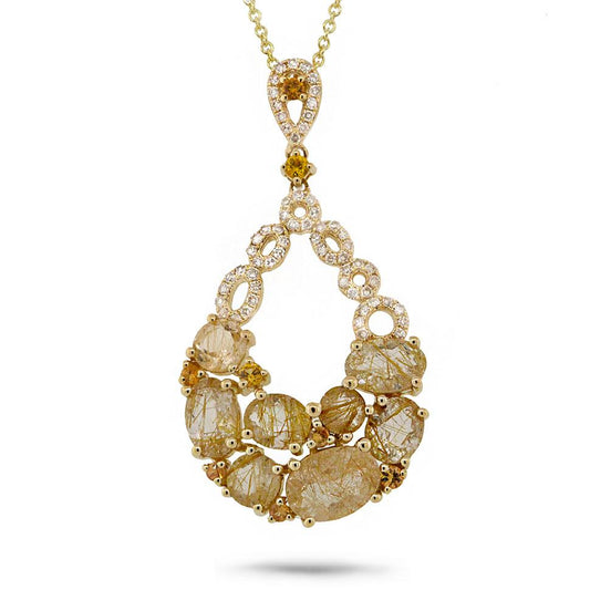 Diamond & 2.97ct Golden Line Quartz & Yellow Sapphire 14k Yellow Gold Pendant - 0.20ct