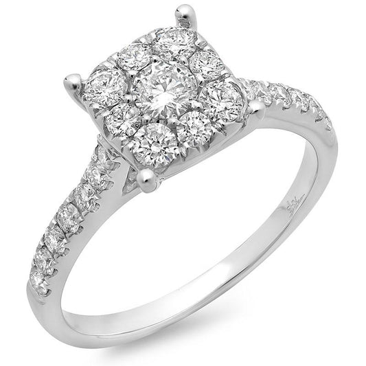 14k White Gold Round Brilliant Diamond Cluster Engagement Ring - 0.87ct