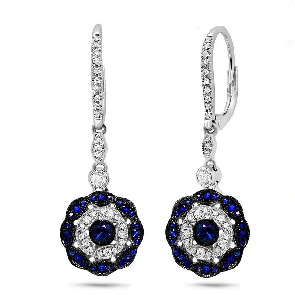 Diamond & 0.51ct Blue Sapphire 14k White Gold Earring - 0.29ct