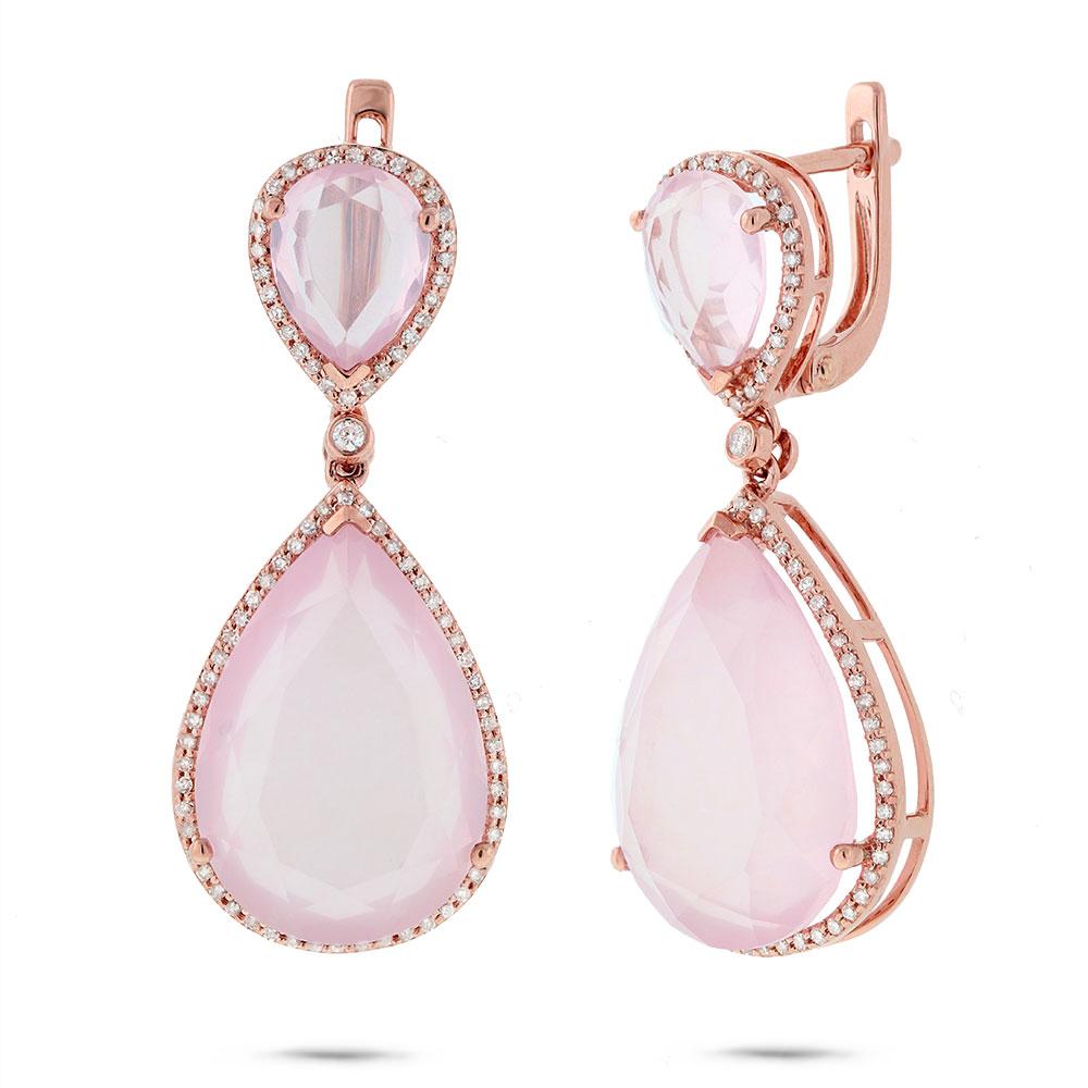 Diamond & 29.53ct Rose Quartz 14k Rose Gold Earring - 0.55ct