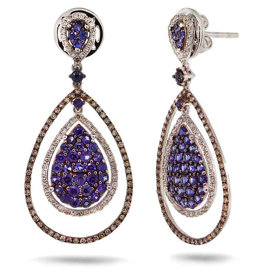 White & Champagne Diamond & 1.63ct Blue Sapphire 14k White Gold Earring - 0.95ct