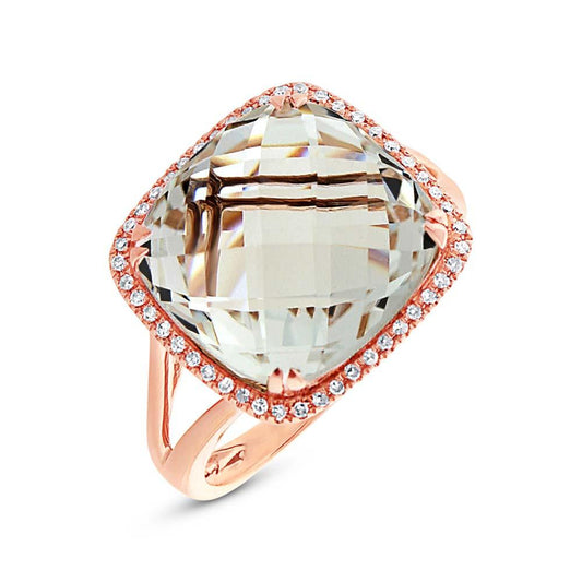 Diamond & 11.48ct White Topaz 14k Rose Gold Ring - 0.12ct
