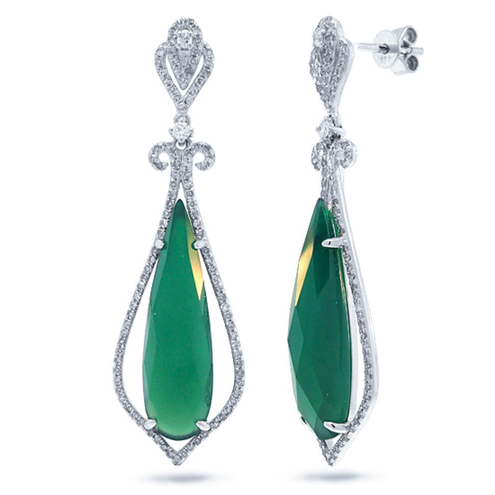 Diamond & 10.34ct Green Agate 14k White Gold Earring - 0.67ct