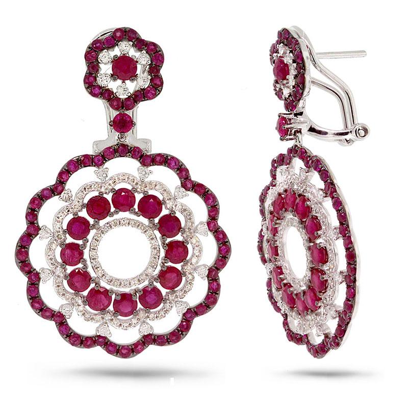 Diamond & 6.38ct Ruby 14k White Gold Earring - 1.00ct