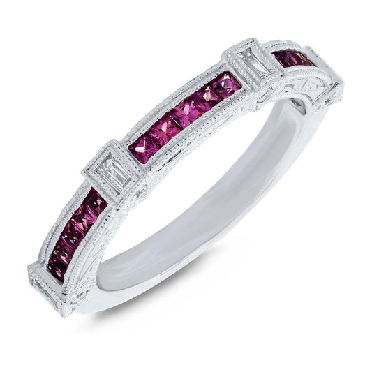 Diamond & 0.60ct Ruby 14k White Gold Lady's Ring - 0.19ct