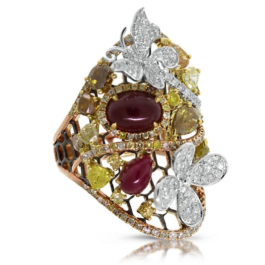 18k Two-tone Rose Gold White & Fancy Color Diamond & 3.46ct Ruby Ring - 3.62ct