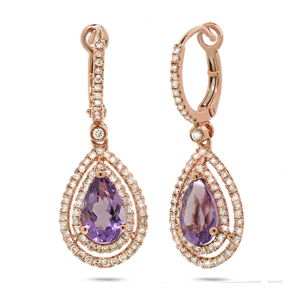 Diamond & 2.29ct Amethyst 14k Rose Gold Earring - 0.76ct