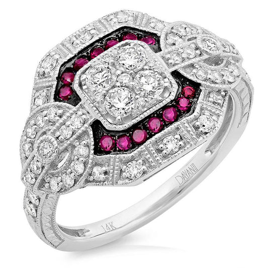 Diamond & 0.15ct Ruby 14k White Gold Ring - 0.62ct