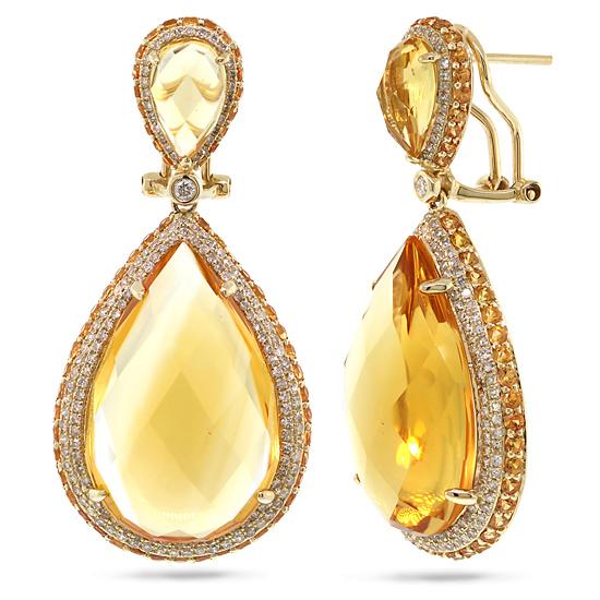 Diamond & 43.35ct Citrine & Yellow Sapphire 14k Yellow Gold Earring - 1.15ct
