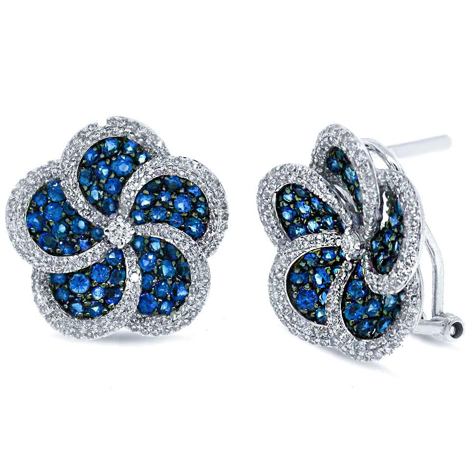 Diamond & 2.33ct Blue Sapphire 14k White Gold Flower Earring - 1.04ct